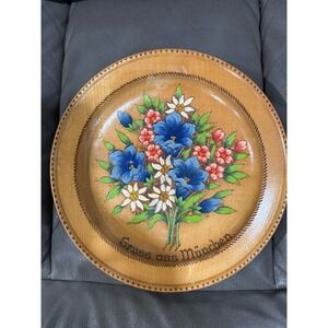 Vintage Wooden Plate German Gruss aus München Floral Hand Painted Decorative
